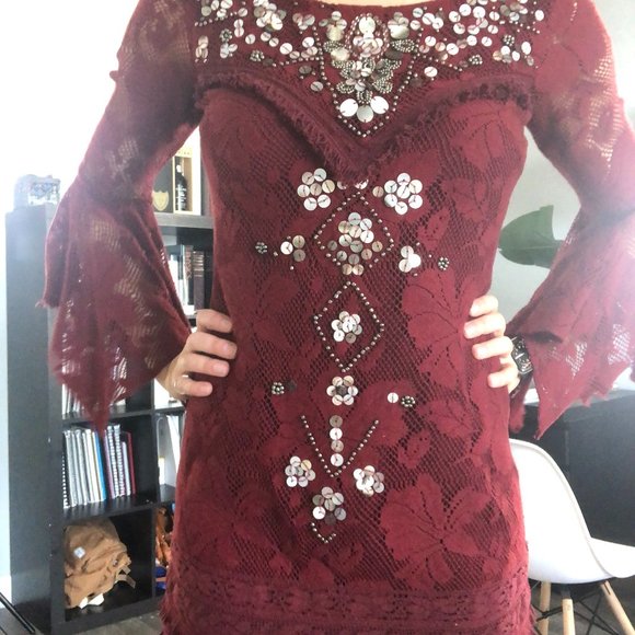 Free People Red Boho Sequin Ruffle Dress - Picture 15 of 16